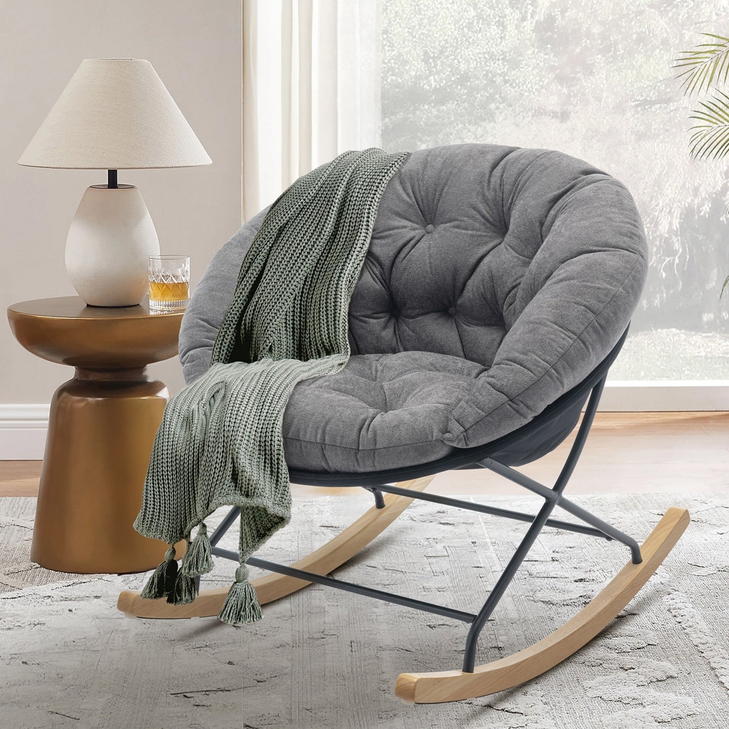 MALOL Adult Modern Round Papasan Rocking Chair,Indoor Lounge Chair Glider Rocke Lounge Chair