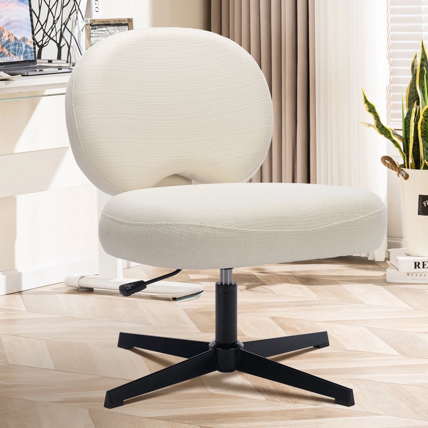 MALOL Criss Cross Chair with Wheels,250lb Armless Cross Legged Desk Chair with Adjustable Height Swivel,Vanity Chair for Home Office,Mid Back Armless Accent Chair WMHN-7309-Beige