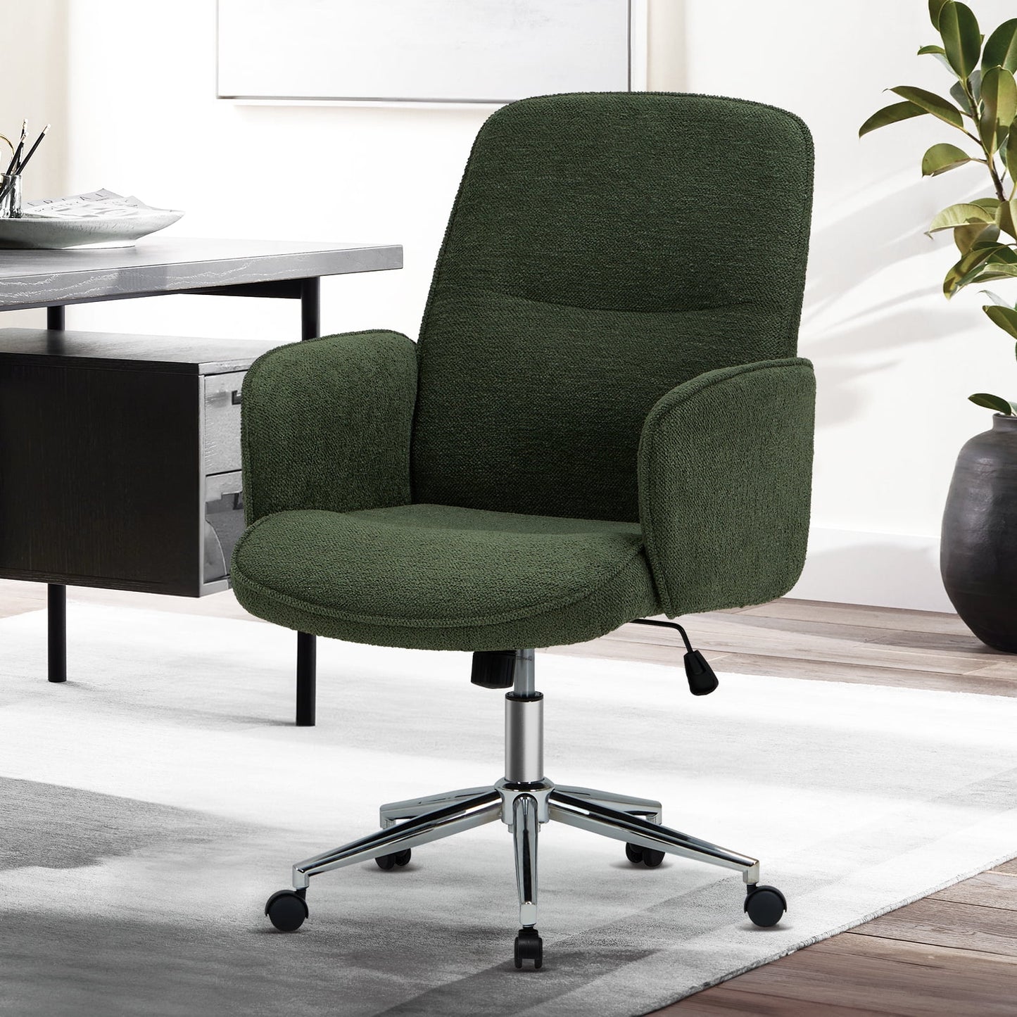 MALOL Criss Cross Legged Office Chair with Wheels and Armrests,Upholstered Fabric Swivel Adjustable Computer Desk Chair 6793-Green