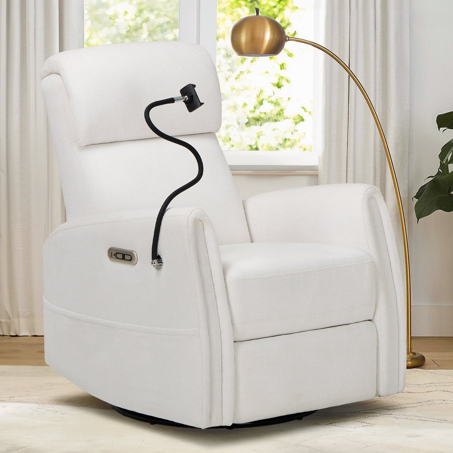 MALOL 270¡ãSwivel Upholstered Nursery Recliner Glider Chair with Built-in Charging Ports for Living Room, White