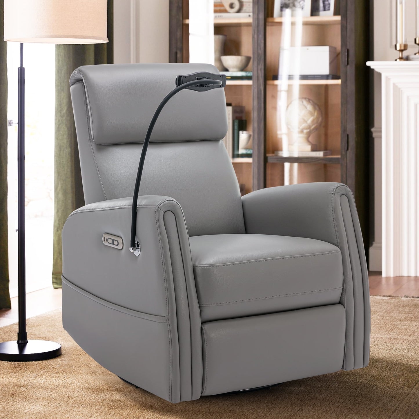 MALOL 270¡«Swivel Upholstered Nursery Recliner Glider Chair with Built-in Charging Ports for Living Room, Gray