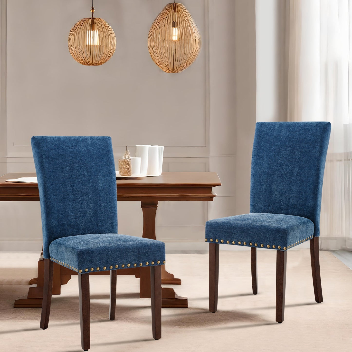 MALOL Upholstered Dining Chairs with Wood Legs for Kitchen, Dining Room,Set of 2,Dark Blue
