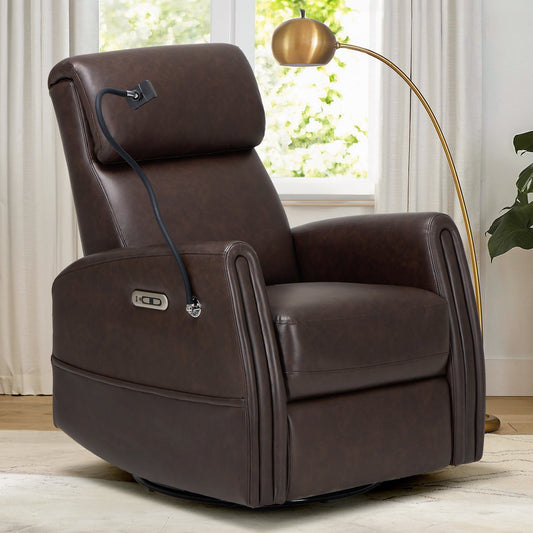 MALOL 270¡ãSwivel Upholstered Nursery Recliner Glider Chair with Built-in Charging Ports for Living Room, Chocolate