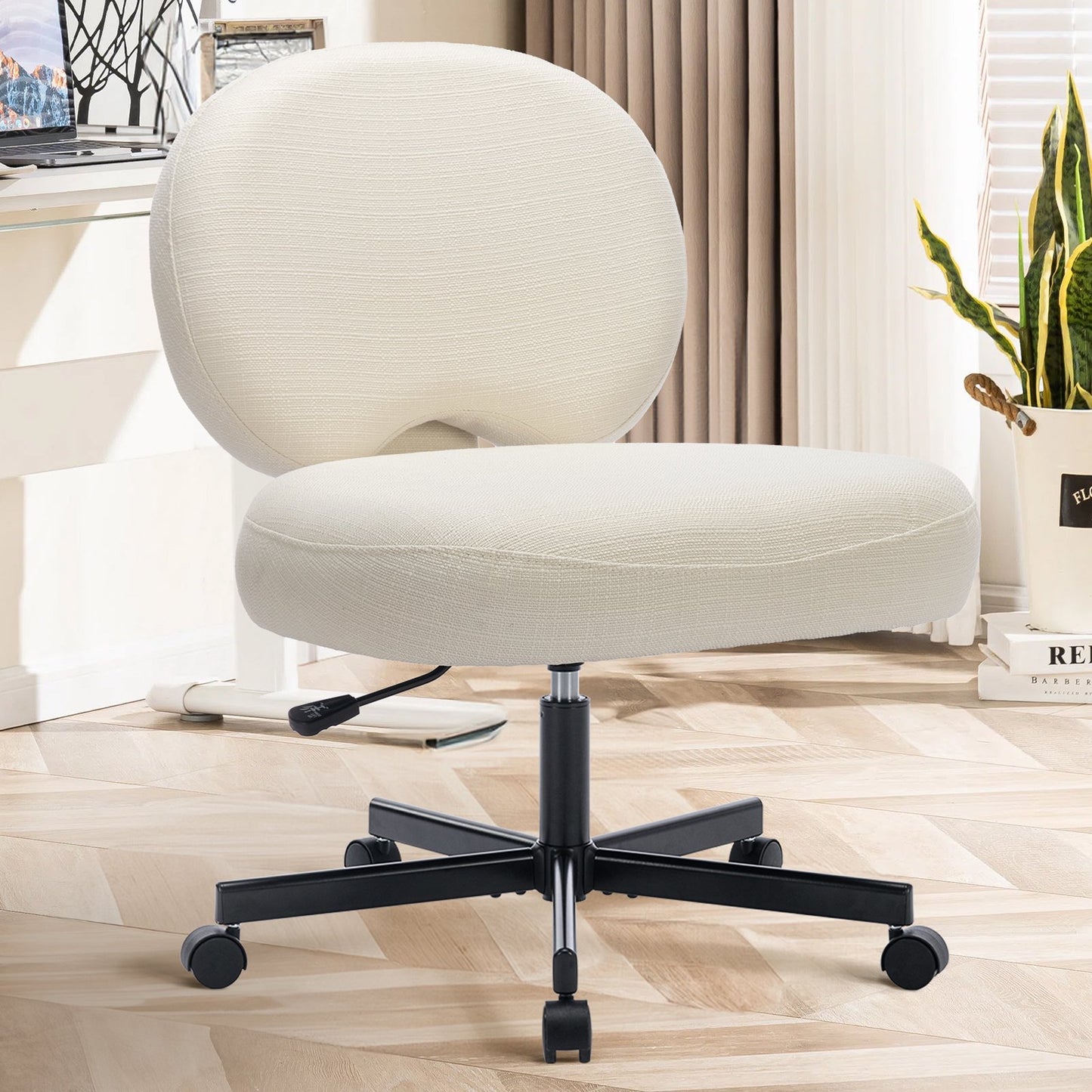 MALOL Criss Cross Chair with Wheels,250lb Armless Cross Legged Desk Chair with Adjustable Height Swivel,Vanity Chair for Home Office,Mid Back Armless Accent Chair WMHN-7309W-Beige