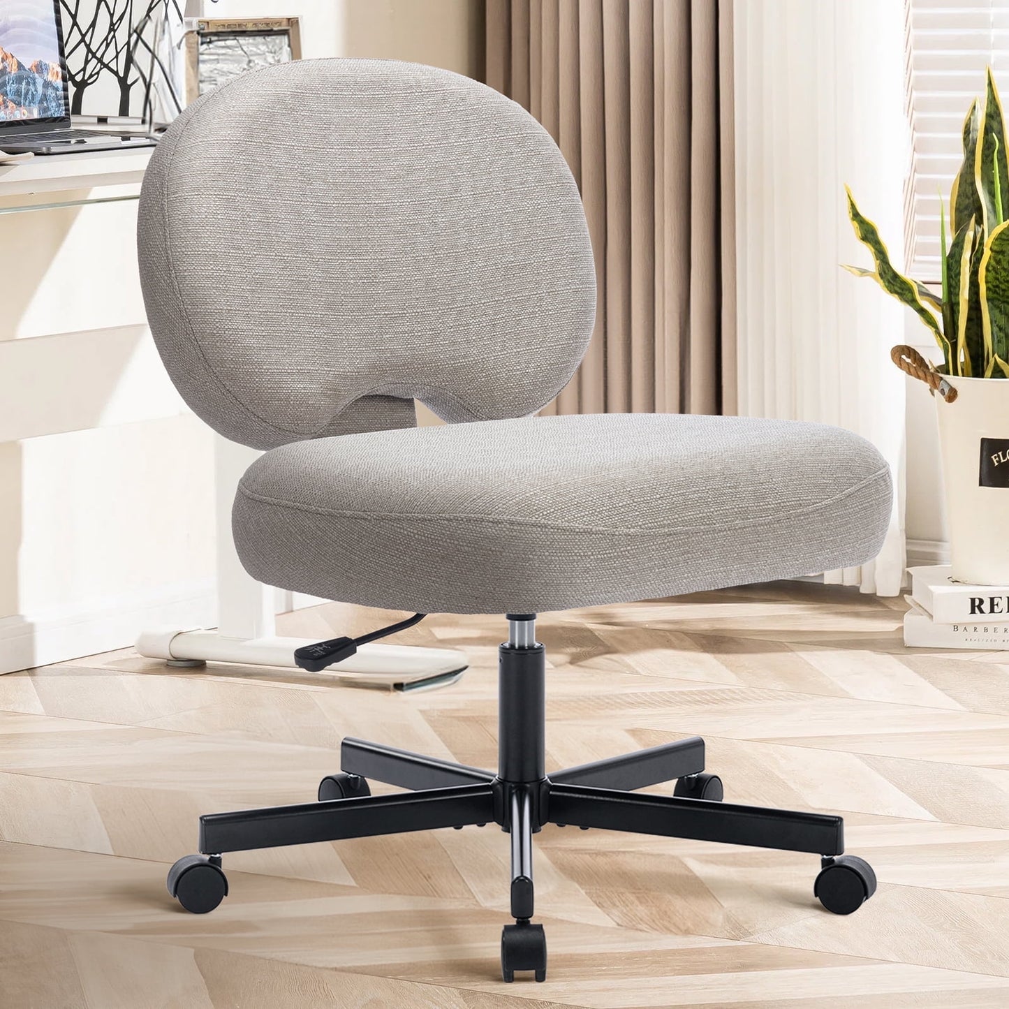 MALOL Criss Cross Chair with Wheels,250lb Armless Cross Legged Desk Chair with Adjustable Height Swivel,Vanity Chair for Home Office,Mid Back Armless Accent Chair WMHN-7309W-Grey
