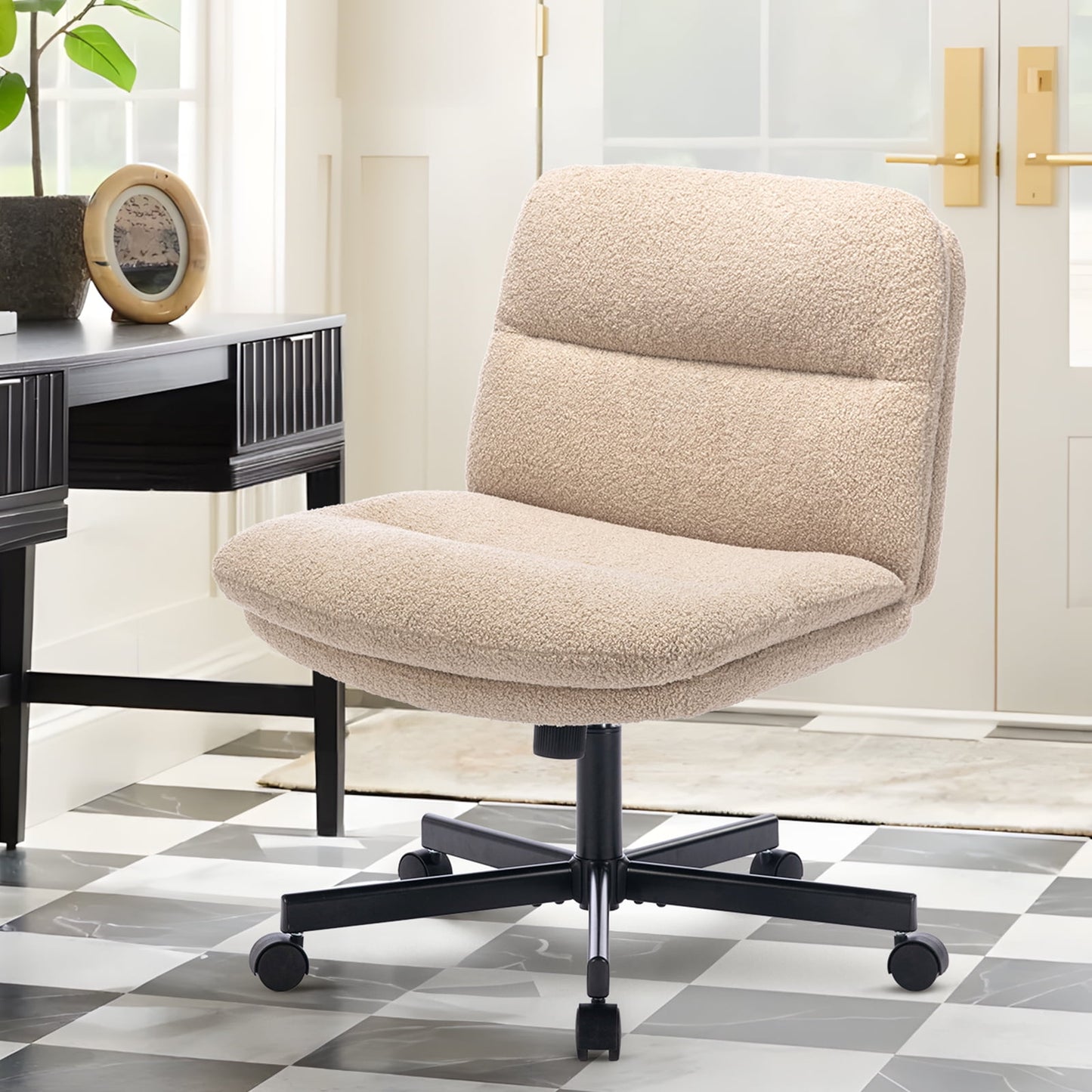 MALOL Criss Cross Legged Office Chair Home Desk Armless Chair with Wheels Wide Seat Adjustable for Adult7362W-Khaki-Y