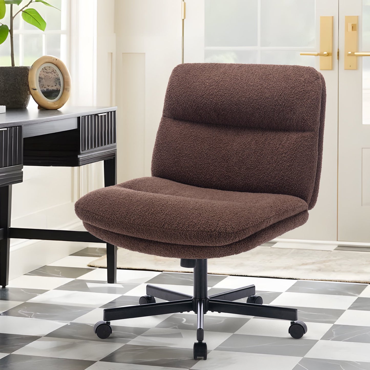 MALOL Criss Cross Legged Office Chair Home Desk Armless Chair with Wheels Wide Seat Adjustable for Adult7362W-Coffee-Y