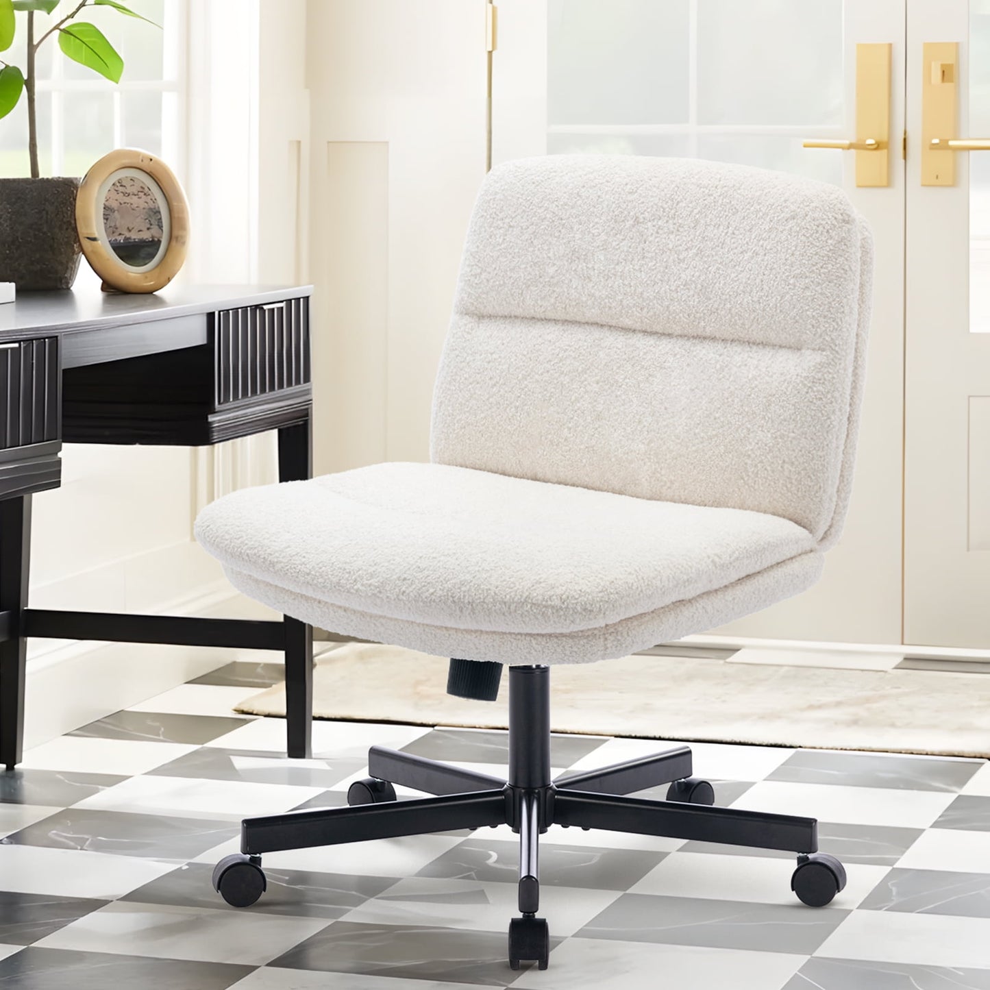 MALOL Criss Cross Legged Office Chair Home Desk Armless Chair with Wheels Wide Seat Adjustable for Adult7362W-Cream-Y