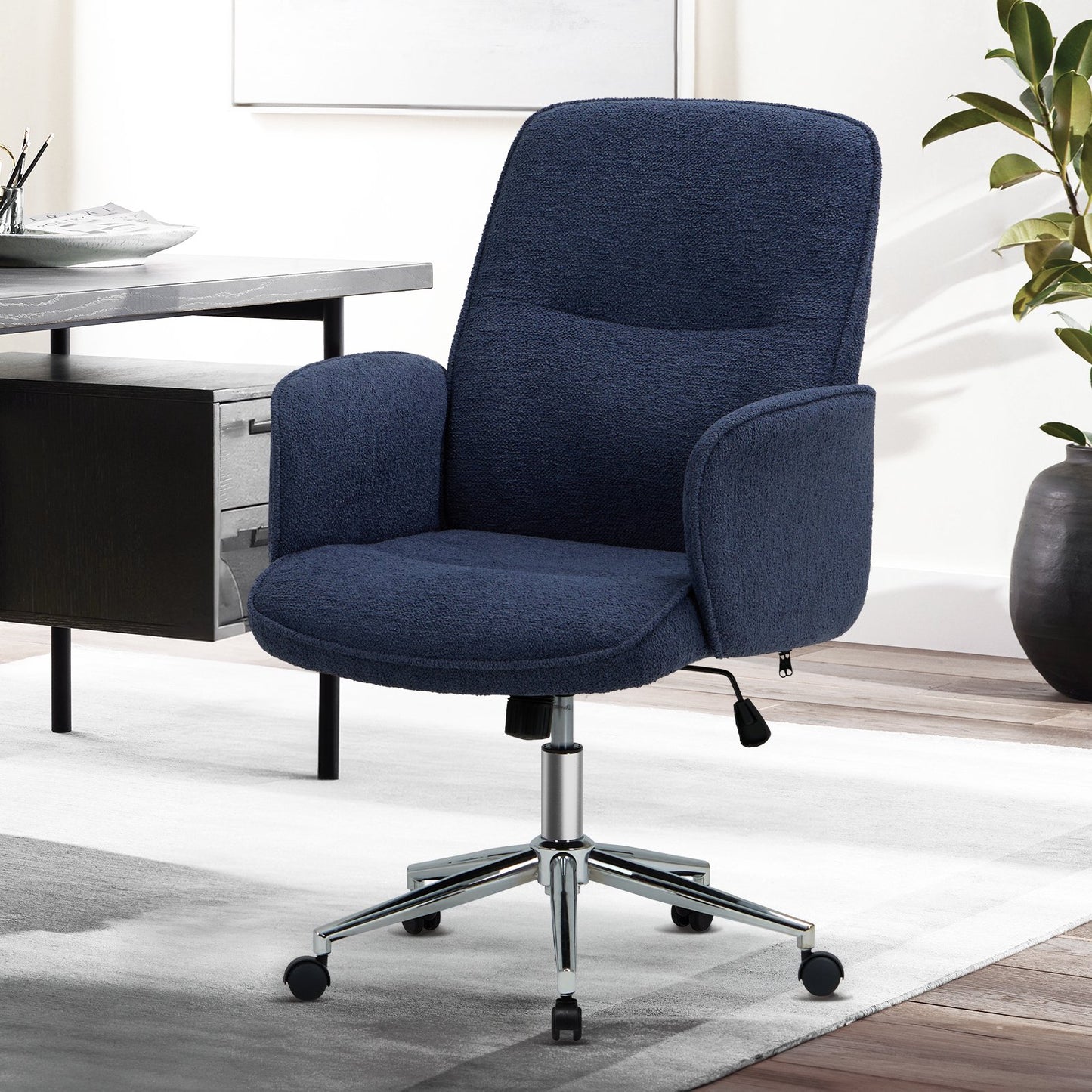 MALOL Criss Cross Legged Office Chair with Wheels and Armrests,Upholstered Fabric Swivel Adjustable Computer Desk Chair 6793-Blue