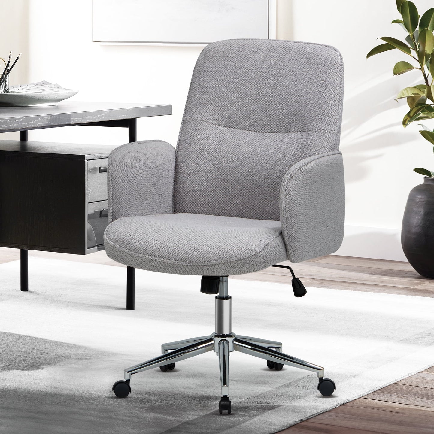 MALOL Criss Cross Legged Office Chair with Wheels and Armrests,Upholstered Fabric Swivel Adjustable Computer Desk Chair 6793-LightGrey