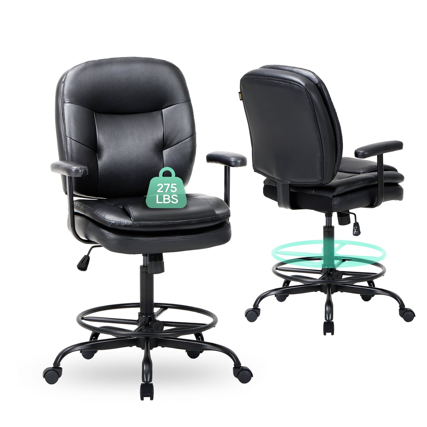 MALOL Leather Office Drafting Chair-Tall Computer Standing Desk Chair with Adjustable Footrest Ring 275lbs 6769-Black