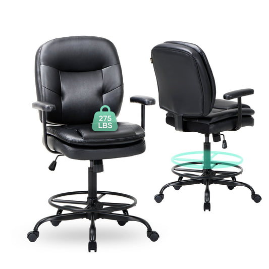 MALOL Leather Office Drafting Chair-Tall Computer Standing Desk Chair with Adjustable Footrest Ring 275lbs 6769-Black