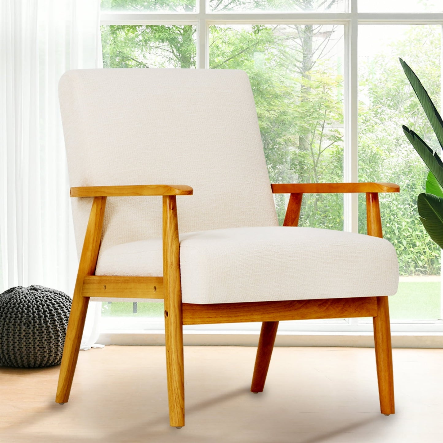 MALOL Modern Mid-Century Accent Chair, Fabric Upholstered Reading Armchair with Solid Wood for Living Room,Bedroom Beige