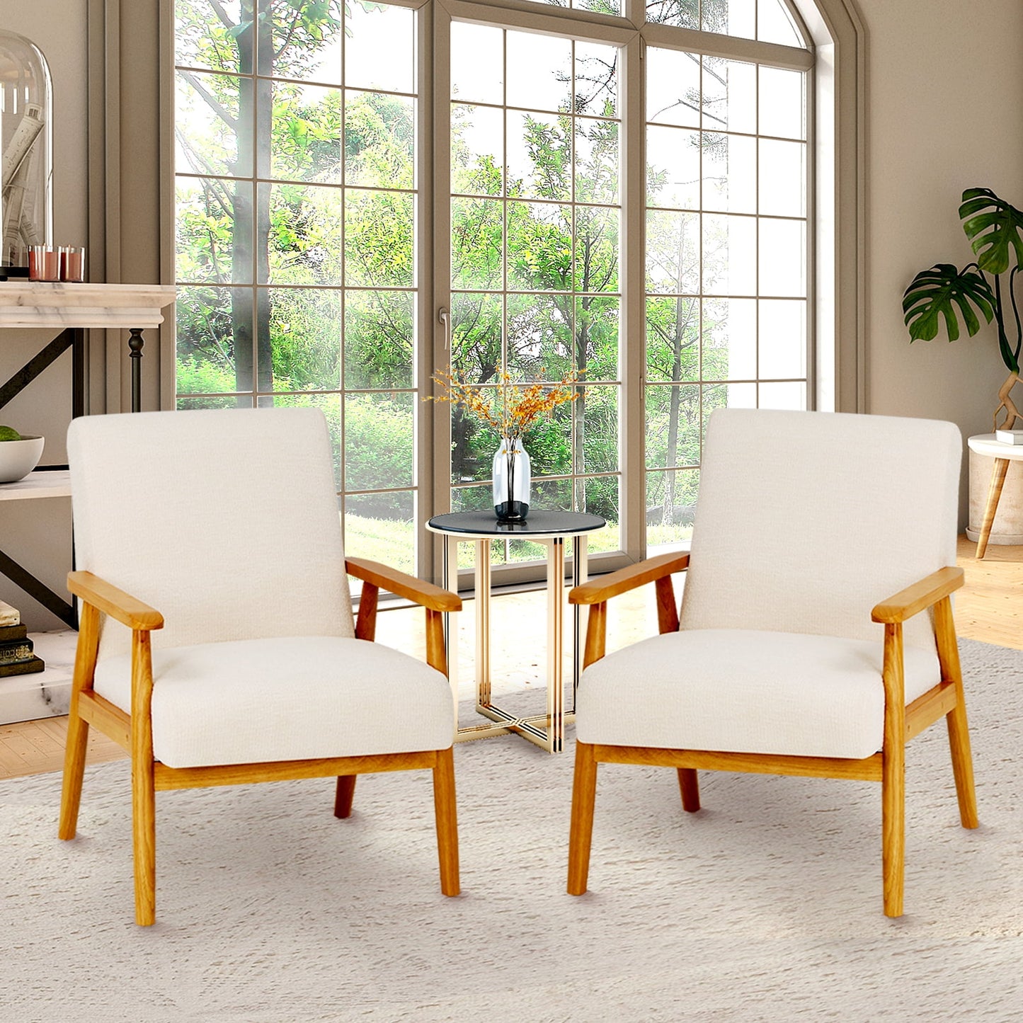 MALOL Modern Mid-Century Accent Chair, Fabric Upholstered Reading Armchair with Solid Wood for Living Room,Bedroom Beige