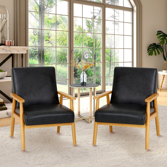 MALOL Modern Mid-Century Accent Chair, PU Leather Reading Armchair with Solid Wood for Living Room,Bedroom Black
