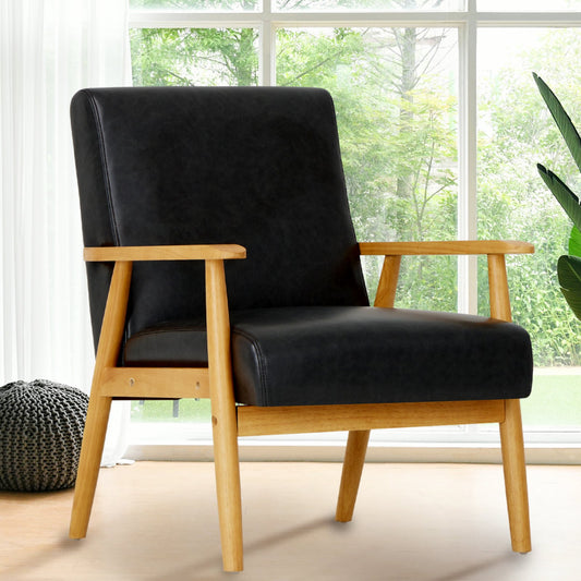 MALOL Modern Mid-Century Accent Chair, PU Leather Reading Armchair with Solid Wood for Living Room,Bedroom Black