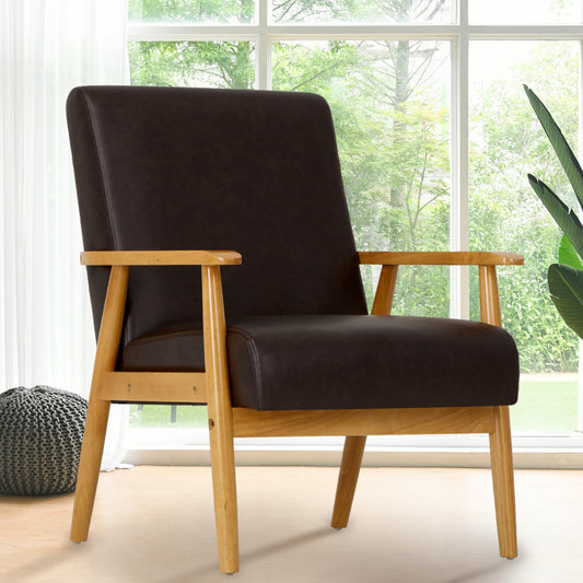 MALOL Modern Mid-Century Accent Chair, PU Leather Reading Armchair with Solid Wood for Living Room,Bedroom Brown