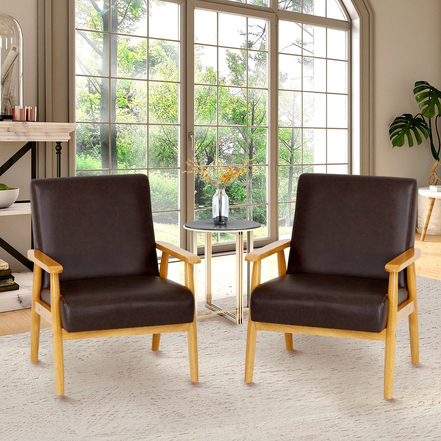 MALOL Modern Mid-Century Accent Chair, PU Leather Reading Armchair with Solid Wood for Living Room,Bedroom Brown