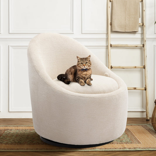 MALOL Swivel Barrel Chair with Metal Swivel Ring, Comfy Round Leisure Sofa Chair for Living Room, Bedroom, Beige