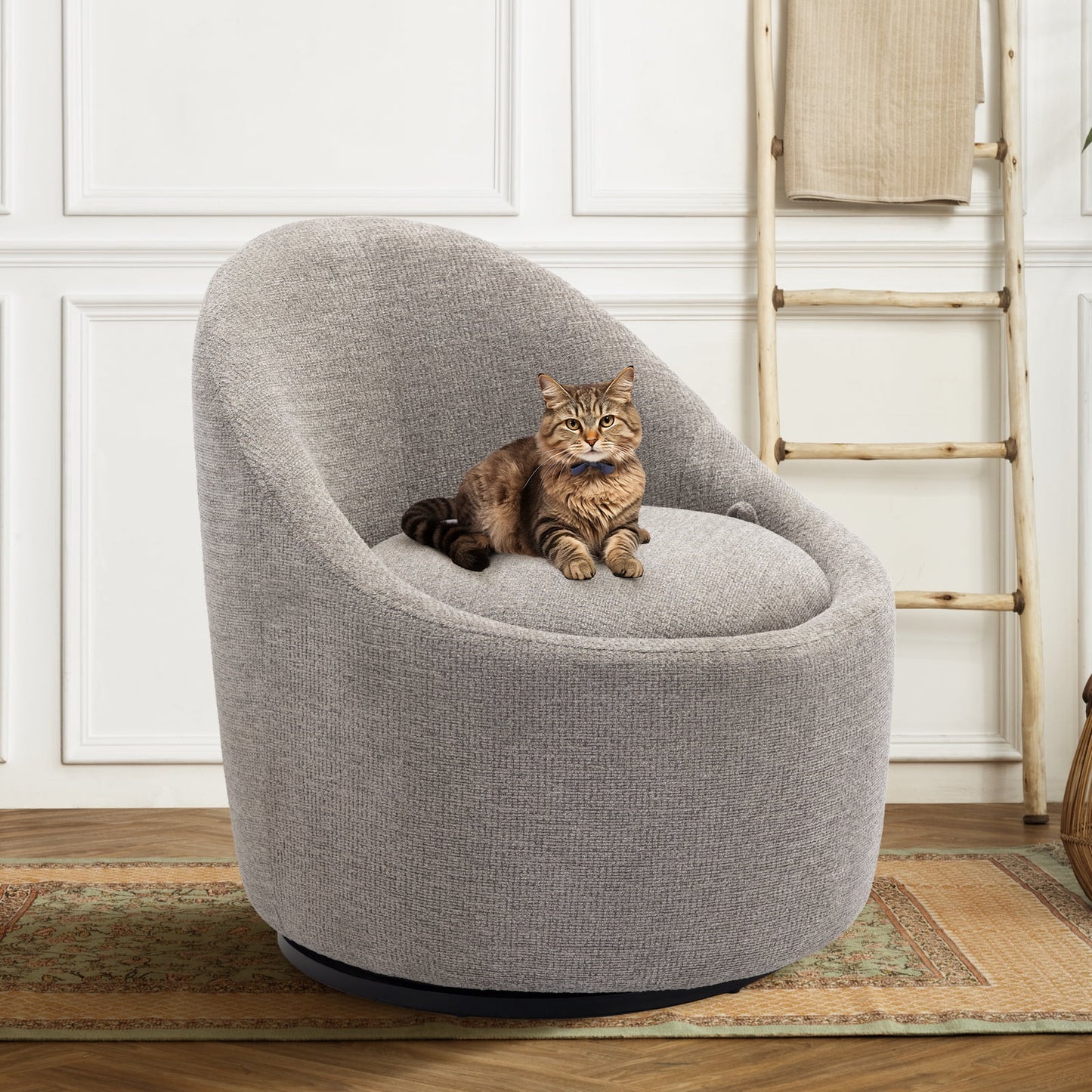 MALOL Swivel Barrel Chair with Metal Swivel Ring, Comfy Round Leisure Sofa Chair for Living Room, Bedroom,Light Grey