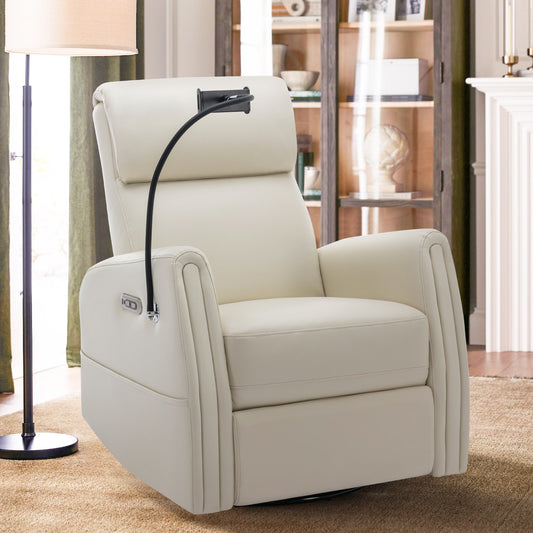 MALOL 270¡ãSwivel Upholstered Nursery Recliner Glider Chair with Built-in Charging Ports for Living Room, Beige