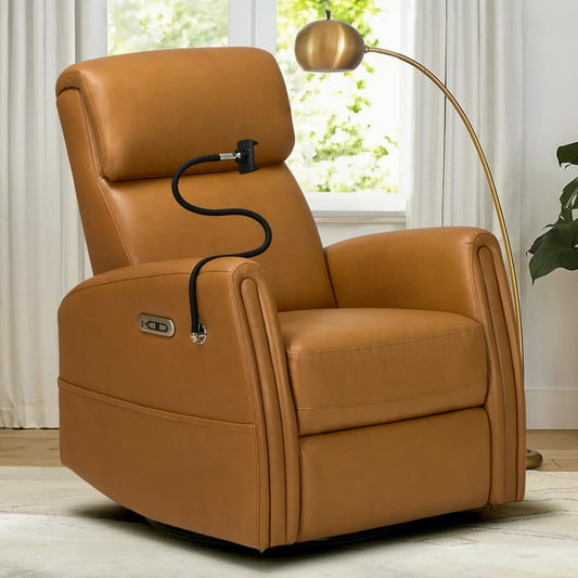 MALOL 270¡ãSwivel Upholstered Nursery Recliner Glider Chair with Built-in Charging Ports for Living Room, Brown