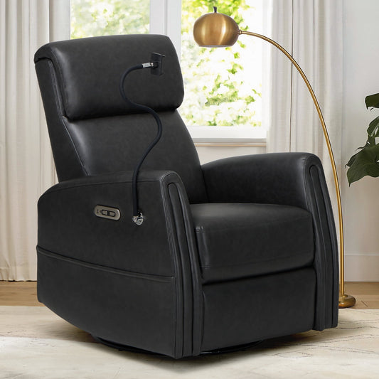 MALOL 270¡ãSwivel Upholstered Nursery Recliner Glider Chair with Built-in Charging Ports for Living Room, Charcoal