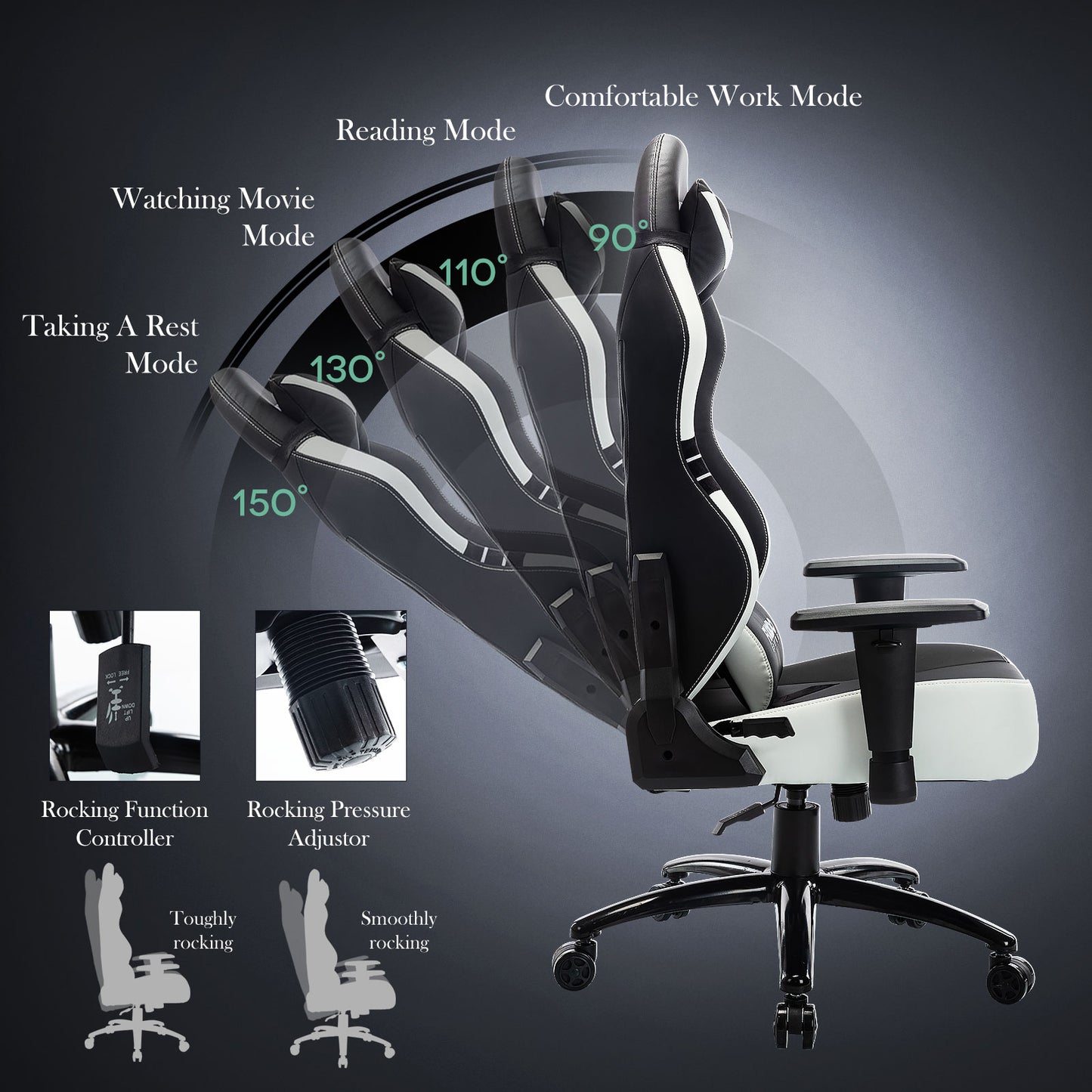 MALOL High-Back Gaming Chair PC Office Chair Computer Racing with Footrest Ergonomic Lumbar Support for Adult 1325-White