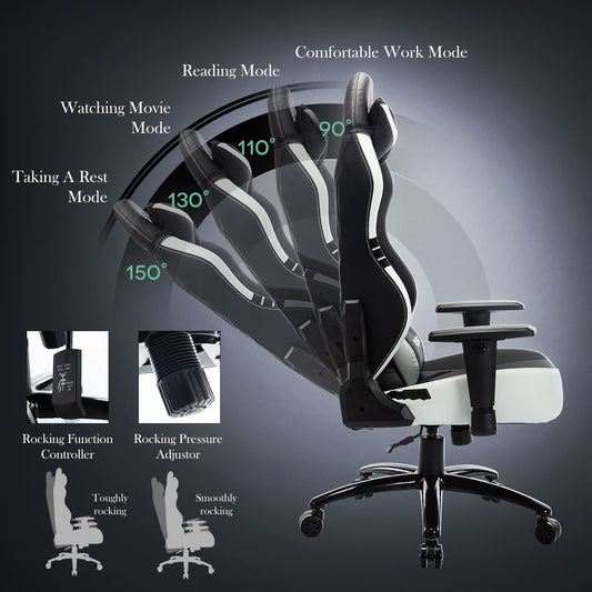 MALOL High-Back Gaming Chair PC Office Chair Computer Racing with Footrest Ergonomic Lumbar Support for Adult 1325-White
