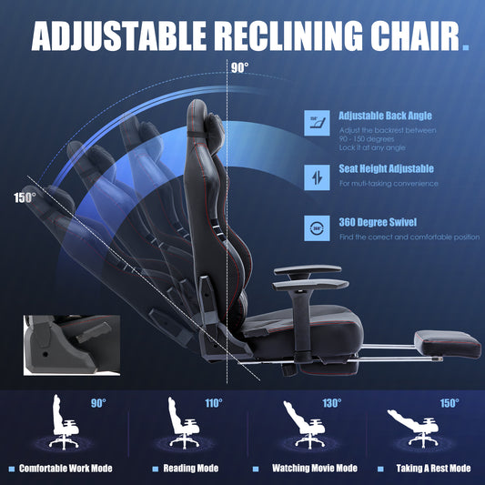 MALOL High-Back Gaming Chair PC Office Chair Computer Racing with Footrest Ergonomic Lumbar Support for Adult 1325F-Black