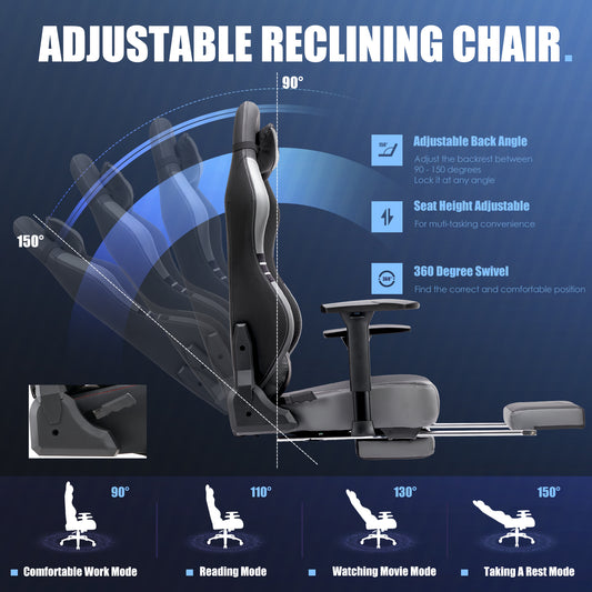 MALOL High-Back Gaming Chair PC Office Chair Computer Racing with Footrest Ergonomic Lumbar Support for Adult 1325F-Grey